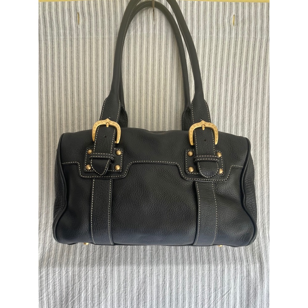Dooney & Bourke Black Pebbled Leather Satchel Bag Gold Buckle Studs Vintage